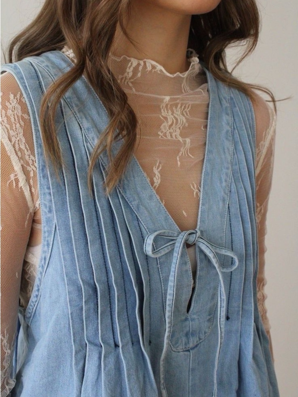 Light Blue Denim Romper with Pleated Front and Tie